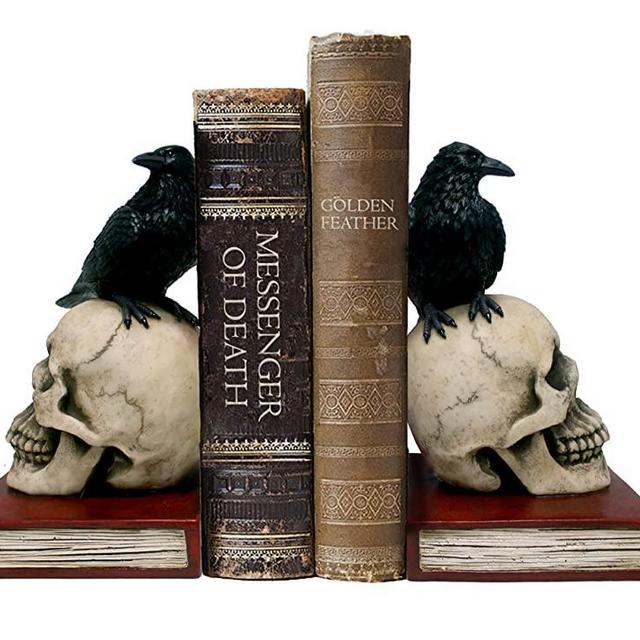 DWK - Murder & Mystery - Ravens on Skulls Bookends Gothic Poe Crow Reading Bookshelf Library Home Décor Book Shelf Accent, 8.5-inch