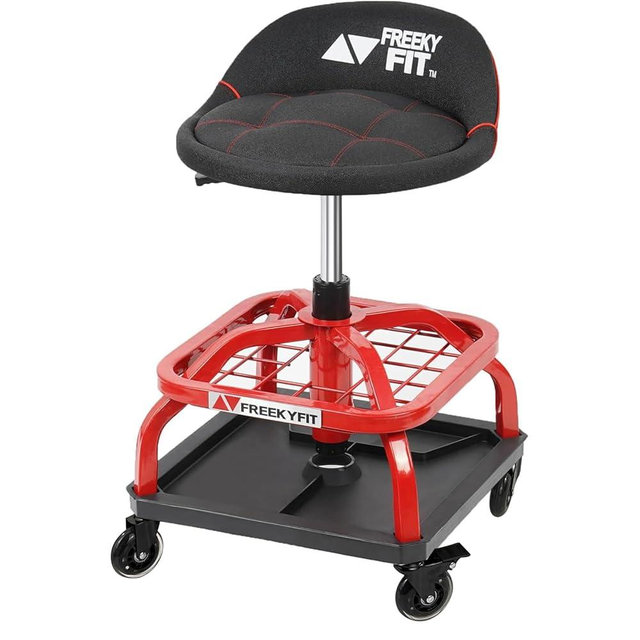 FreekyFit Rolling Shop Stool with Wheels, Garage Work Mechanic Stool with Backrest, Roller Mechanic Chair, Adjustable Height, 360° Swivel, Tool Tray Storage, 330 LBS Capacity, Heavy Duty, Red