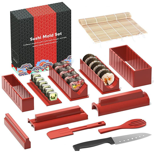 HI NINGER Sushi Making Kit Deluxe Edition Complete Sushi Maker Kit 12PCS Home Sushi Mold Press with Sushi Rice Roll Mold Shapes,Fork, Sushi Knife,Sushi Rolling Mat,Chopsticks