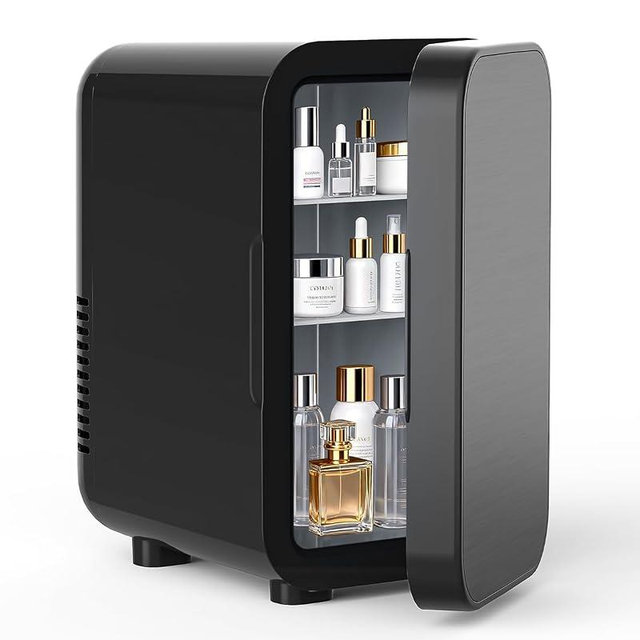 FANSEXPERT Skincare Fridge with Glass Panel, 6L Mini Fridge for Home/Car, AC/DC Portable Thermoelectric Cooler and Warmer, Makeup Mini Compact Refrigerator for Skincare Cosmetics Food Drinks (Black)
