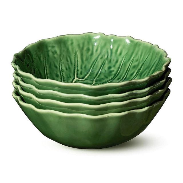 Le Jardin Cabbage 3D SOUP/CEREAL BOWLS, SET OF FOUR, 8.5" x 2.75" – Sculpted Green Stoneware Leaf Bowls– Seasonal Garden-Inspired Serveware for Soups, Salads, Pasta & Everyday Entertaining