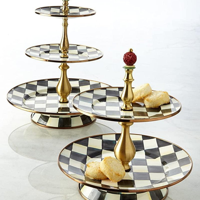 Mackenzie-Childs Courtly Check Enamel Two Tier Sweet Stand - Cake Stand - Party Server Display Set - Stainless Steel - 10" dia., 11" tall