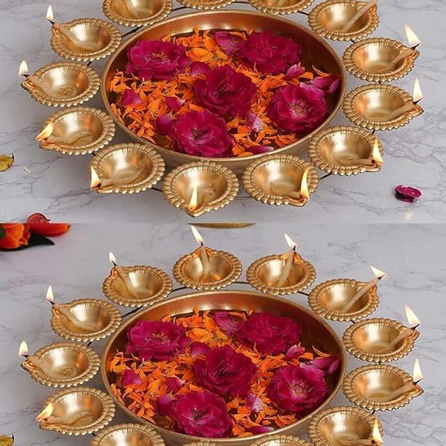Kalakriti 2 Pcs Metal Diya Shape Urli Bowl Flower Indian Decorative for Home | Home Decor Floating Tea Light Candles | Table Decor | Diwali Navratri Pooja Decoration Items | 12 Inch Each