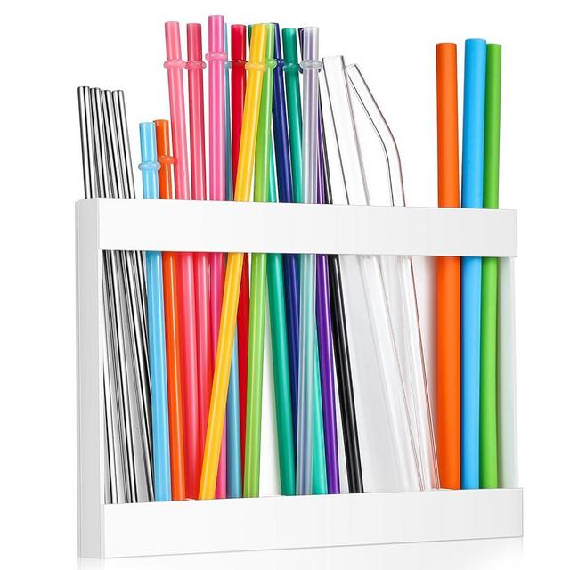 Qinyoung Acrylic Straw Holder with Double Sided Adhesive Tape Tumbler Straw Organizer for Cupboard Reusable Tumbler Straw Storage Container for Kitchen Counter (White)