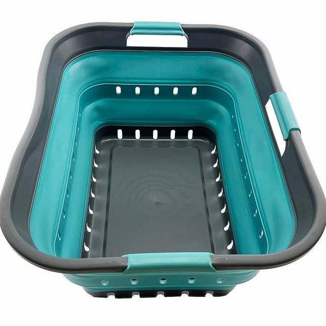 SAMMART 42L (11 gallon) Collapsible Plastic Laundry Basket - Foldable Pop Up Storage Container/Organizer - Portable Washing Tub - Space Saving Hamper/Basket (Grey/Crystal Blue)
