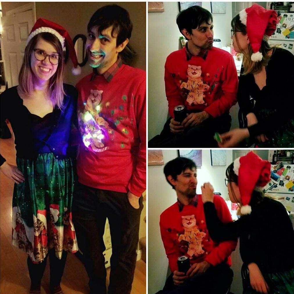 Showing our true selves as crazy cat people at a holiday party.