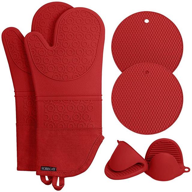 Rorecay Extra Long Oven Mitts and Pot Holders Sets: Heat Resistant Silicone Oven Mittens with Mini Oven Gloves and Hot Pads Potholders for Kitchen Baking Cooking, Quilted Liner, Red, Pack of 6