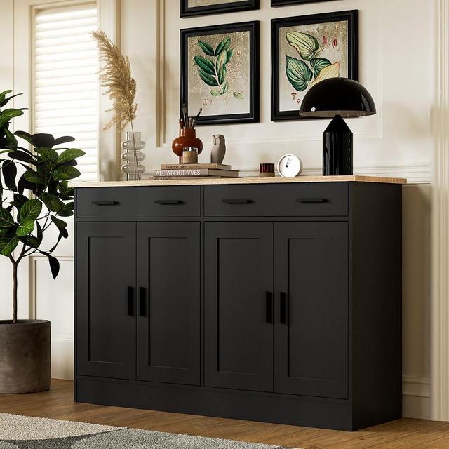 Anystyle Black Buffet Cabinet, Coffee Bar Cabinet with 2 Drawers & 4 Doors, Kitchen Buffet Sideboard for Living Room, Kitchen