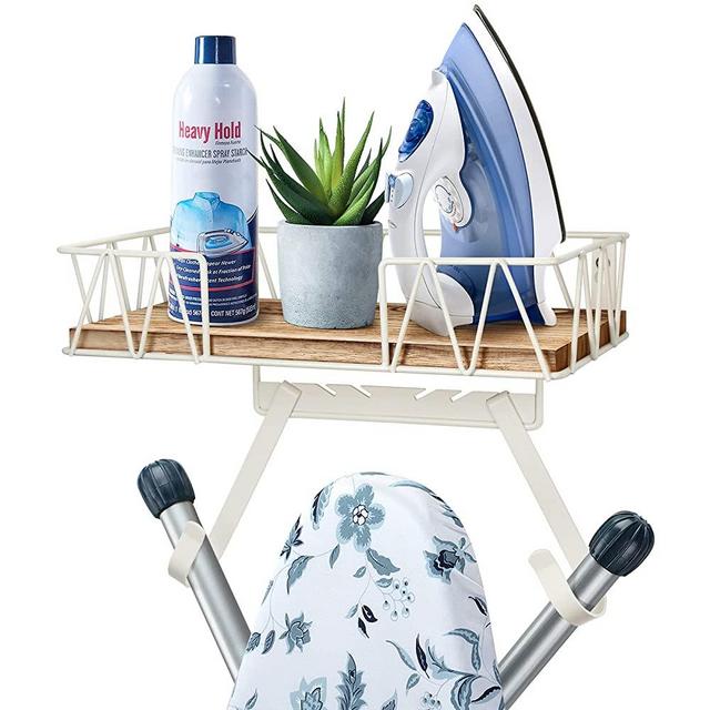 TJ.MOREE Ironing Board Hanger Wall Mount - Laundry Room Iron and Ironing Board Holder with Large Storage Wooden Base Basket and Removable Hooks(T&V Shaped) White