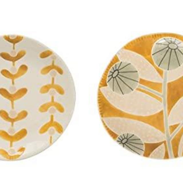 Creative Co-op Hand-Painted Stoneware Floral (Set of 4 Patterns) Plates, Brown