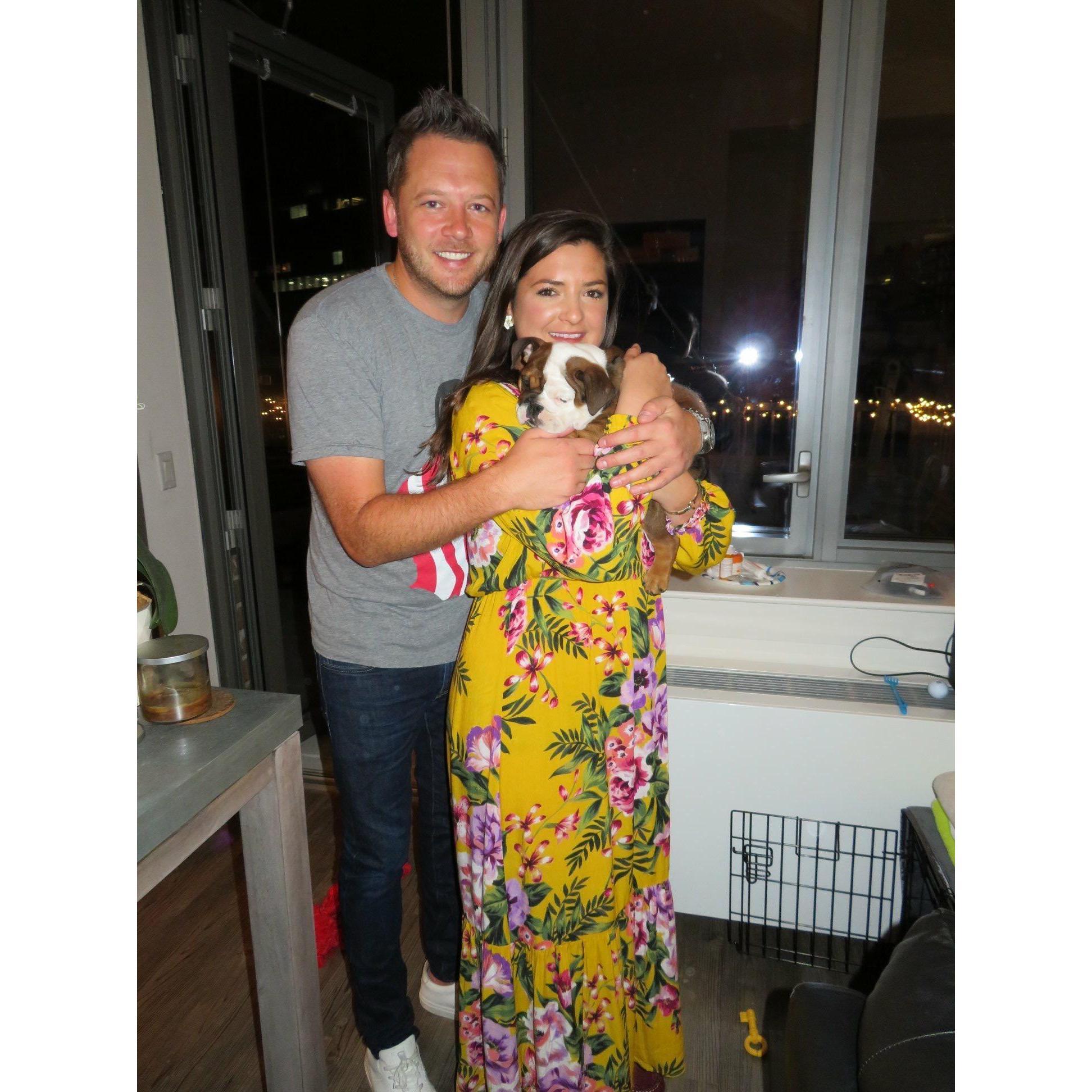 One of the first pictures taken with our pup Chelsea at about 10 weeks old. This was at our first apartment together in Chelsea, NYC... hence her name!
