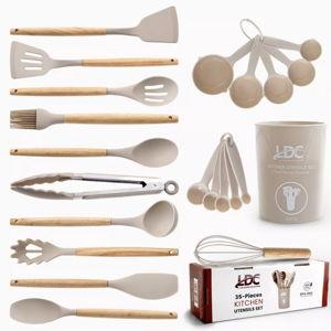 Lux Decor Cooking Utensil Set 35 Piece Silicone and Wood Kitchen Utensil Set with Holder Non Stick Kitchen Gadgets & Tools