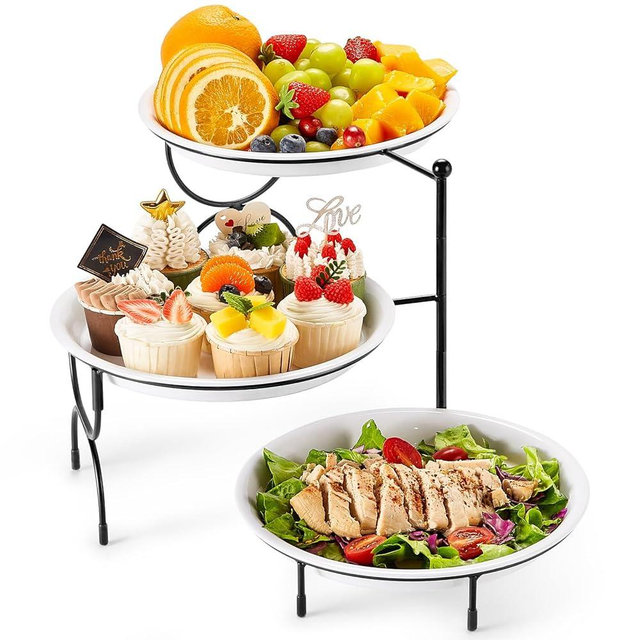 Lifewit 3 Tier Plastic Serving Tray Platter for Party Entertaining, 10" × 10" Large Dessert Table Display Set, White Reusable Round Dishes with Black Metal Display Stand for Veggie, Fruit, Cookies