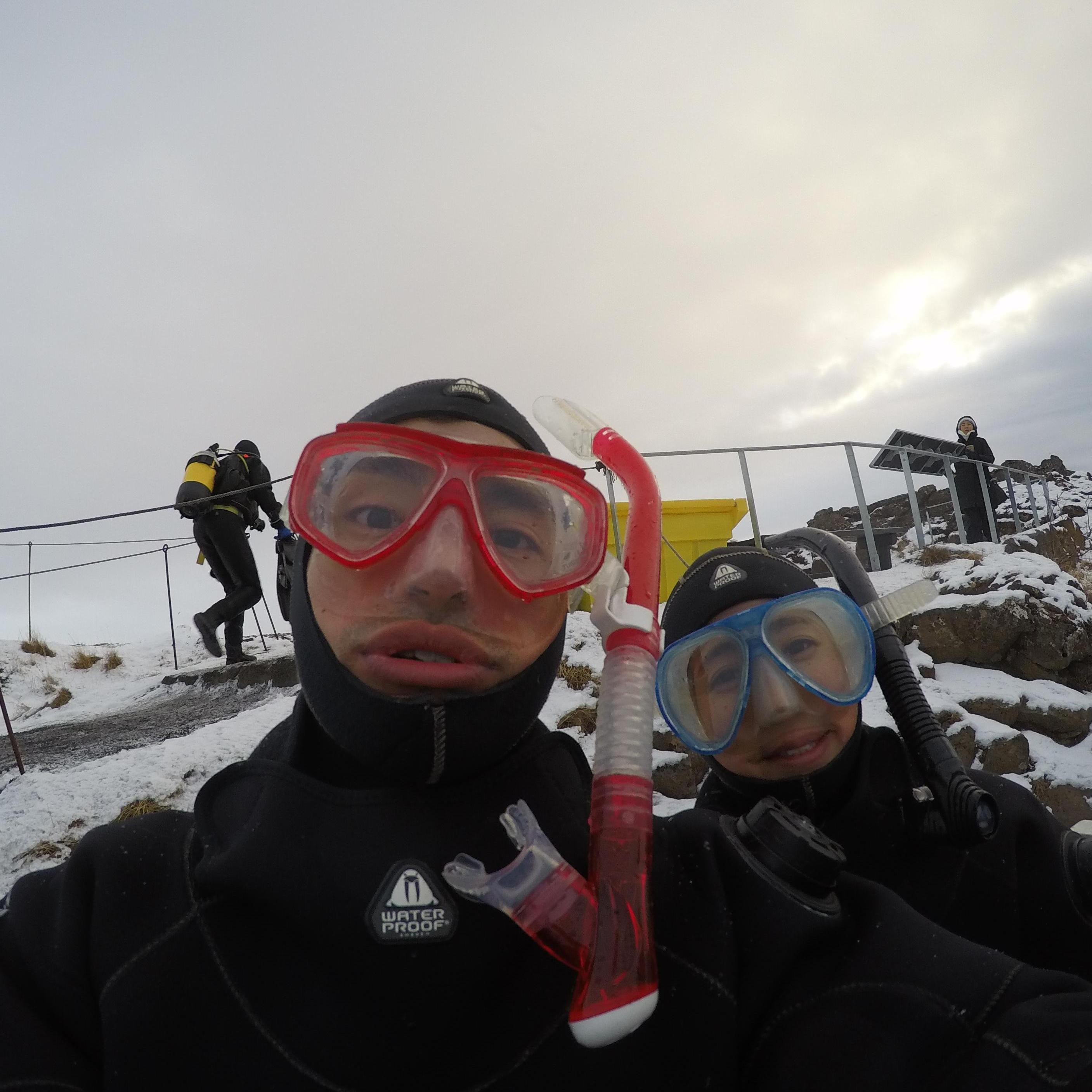 The beginning of the coldest day of our lives!  Snorkeling in Silfra fissure in Iceland