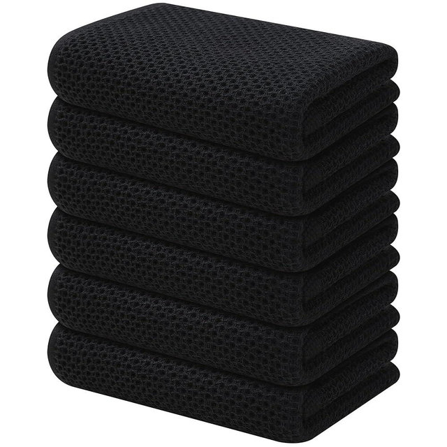 Kitinjoy 100% Cotton Waffle Weave Kitchen Towels, 6-Pack Super Soft and Absorbent Kitchen Dish Towels for Drying Dishes, Kitchen Hand Towels, 13 in x 28 in, Black