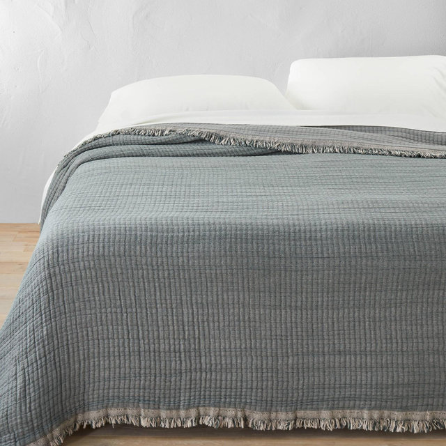Full/Queen Reversible Textured Cotton Chambray Coverlet Dark Teal Blue - Casaluna™