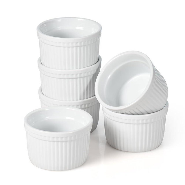 WishDeco Ramekins Set of 6, Creme Brulee Ramekins 7 oz, White Dipping Sauce Dishes, Porcelain Ramekin Bowls for Baking, Souffle, Custard Pudding, Cake, Oven Safe