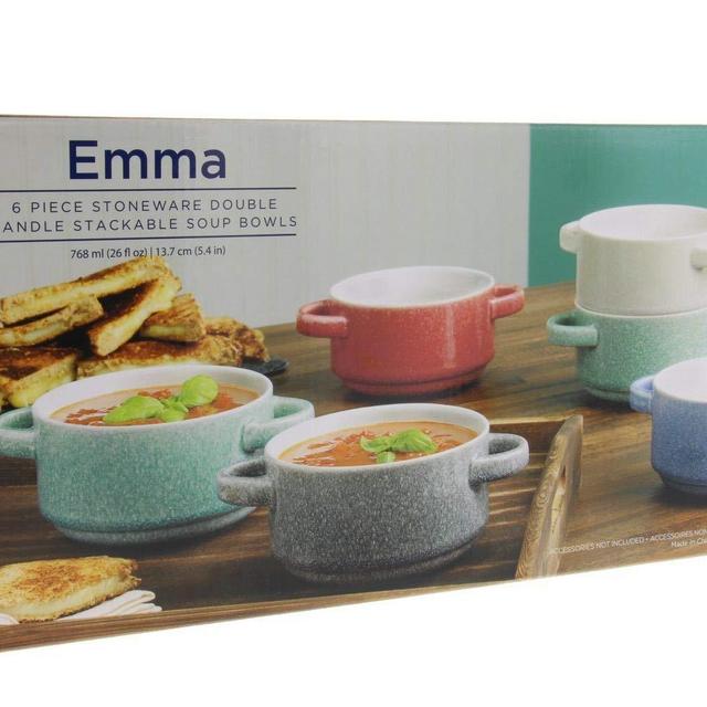 Gourmet Basics Emma by Mikasa - Double Handle Stackable Bowls w/Durable Stoneware & Speckled Glaze Finish–Microwave & Dishwasher Safe–Great for Soups, Chili, Stews, Side Dishes, 26oz, Set of 6