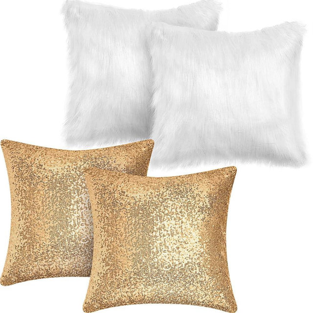 Irenare 4 Pcs Sequin and Fluffy Pillow Covers Winter Throw Pillow Cases Soft Cushion Cover for Couch Bed Sofa Xmas Day(18 x 18 Inch,Gold, White)