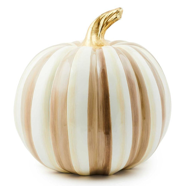 MACKENZIE-CHILDS Medium Pumpkin, Resin Halloween Home Decor, Brown-and-White Mocha Stripe