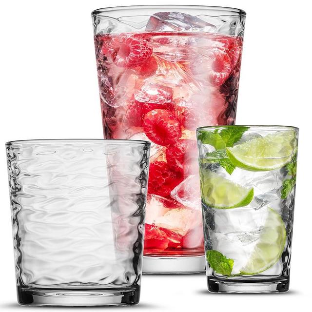 POPLASS Biscayne 18-Piece Family Drinking Glasses Set - Drinking Glassware Set with Highball Cooler, DOF (Double Old Fashioned), and Juice Glasses - 6 Each