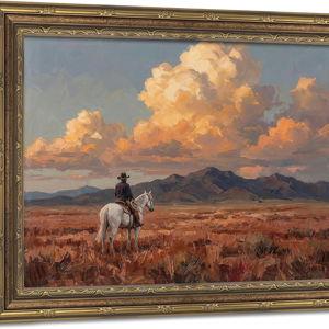 Vintage Gold Framed Wall Art Western Cowboy Wall Art Vintage Cowboy on Horse Wall Decor Picture Rustic Sunset Landscape Poster Print for Living room Bedroom Home Decoration 9x11in