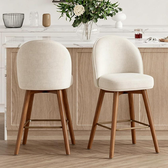 Daluvenix Modern Swivel Bar Stools Set of 2, Chic Upholstered Counter Height（26IN） Bar Chair with Back, Solid Wood Legs and Footrest, Comfortable Chenille Bar Stool for Kitchen Island, Cream White