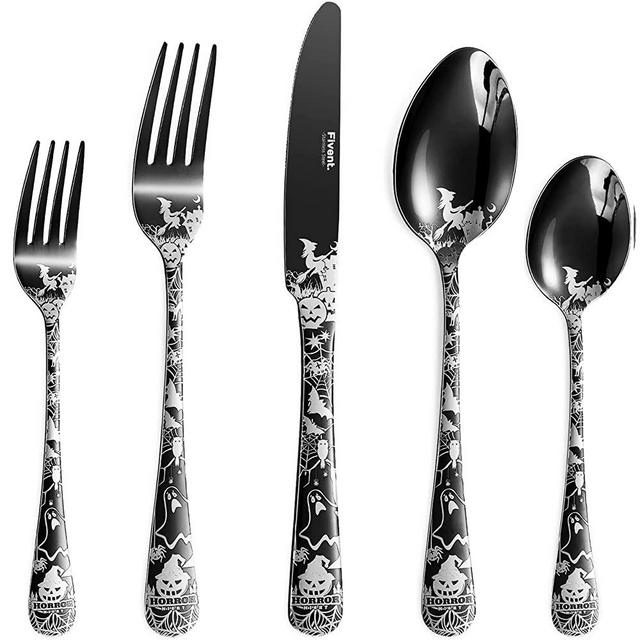Fivent Halloween Black Cutlery Set - 20 pcs - Includes 8 x Spoons, 8 x Forks, 4 x Knife - Stainless Steel, Dishwasher Safe, Mirror Polished Tableware - Durable Flatware - Home Kitchen…