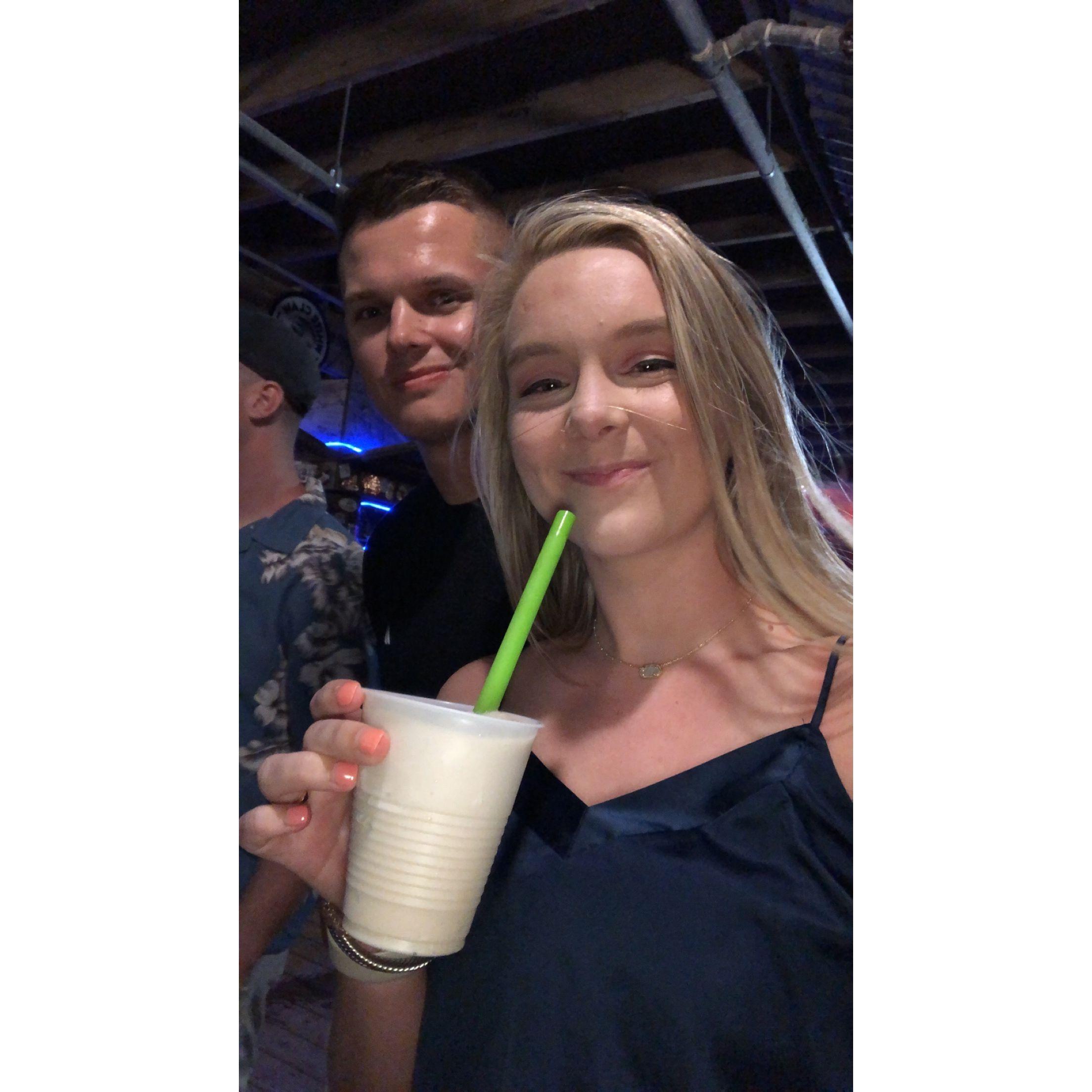 Lexie's first time trying a Bushwhacker at the FloraBama!