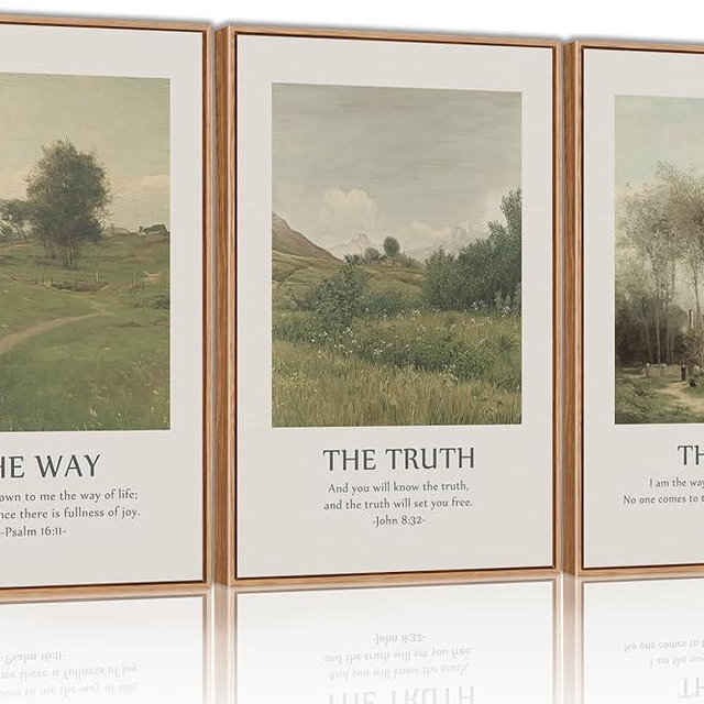 SIKERIC Vintage Christian Bible Verse Wall Art Set of 3, The Way The Truth The Life Framed Canvas Art Painting, Scripture Jesus Art Prints, Modern Village Decoration for Living Room, Church-16x24