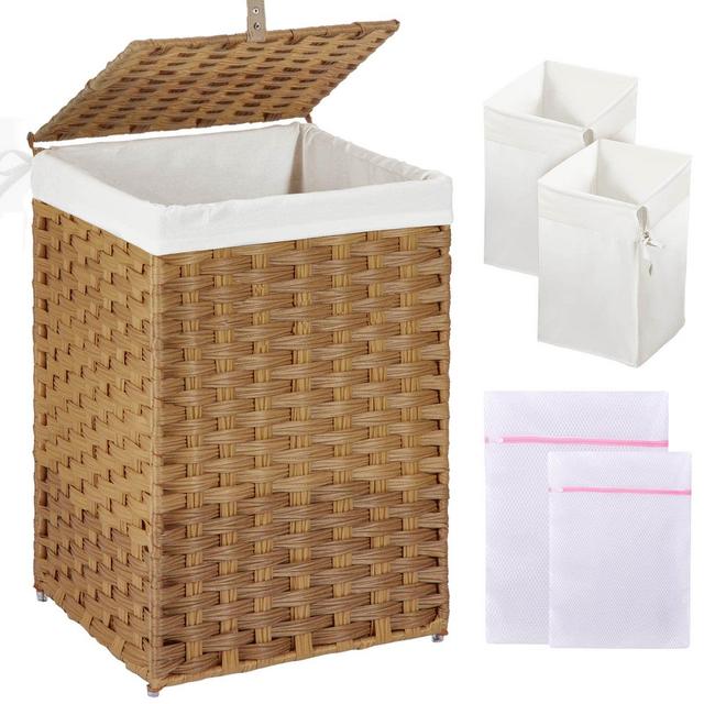 GREENSTELL Laundry Hamper with Lid, 60L Clothes Hamper with 2 Removable Liner Bags 2 Mesh Laundry Bags, Handwoven Synthetic Rattan Laundry Basket for Clothes, Toys in Bathroom, Bedroom Natural