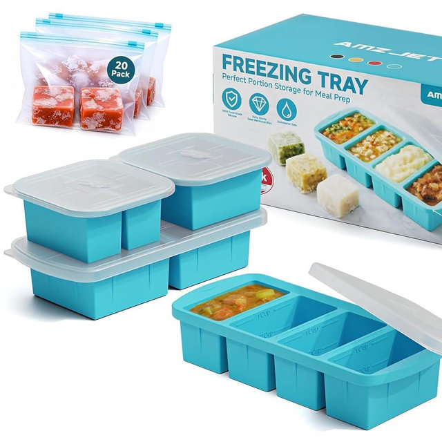 4-Pack Silicone Freezer Trays with Lid & 20 Bags - Multi-Size 1-Cup & 2-Cup Portions, Food-Grade Silicone Freezer Molds for Soup & Meal Prep - Freezer Storage Containers, Oven & Dishwasher Safe - Blue