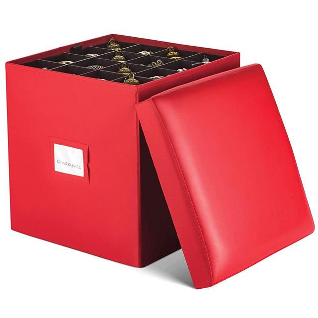 Superior Ottoman/Christmas Ornament Storage Box with Dividers & Removable Trays, Fits 64 Ornaments 3-Inch - Ornament Storage Container with Faux Leather Cover Foot-Rest, Stool, (Red)