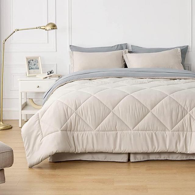 BEDSURE Beige Queen Comforter Set - 8 Pieces Reversible Bed Set Bed in A Bag Queen with Comforters, Sheets, Pillowcases & Shams, Grey Queen Bedding Sets