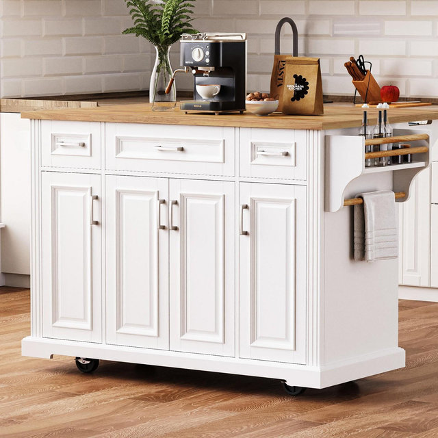 54" Kitchen Island with Rubber Wood Drop Leaf, Embossed Texture, Rolling Kitchen Cart with 3 Drawers, Spice Rack & Towel Holder, White - ModernLuxe