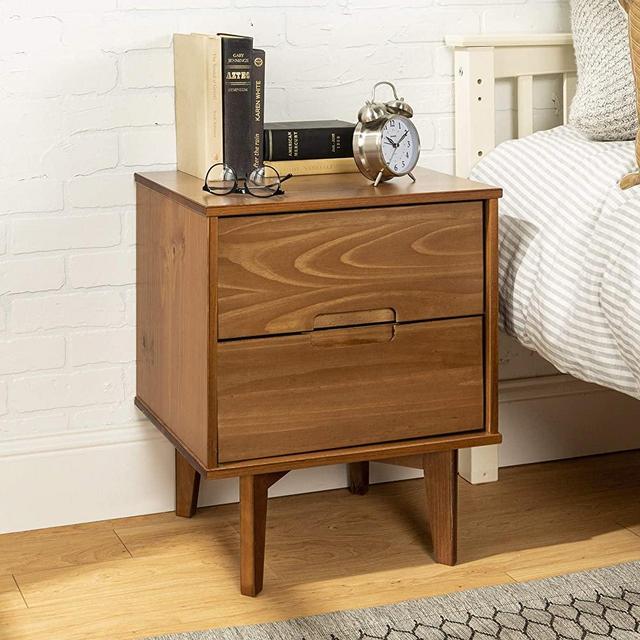 Walker Edison Brynn Modern 2-Piece Solid Wood Groove Handle Nightstand Set, 2 Pack, Caramel