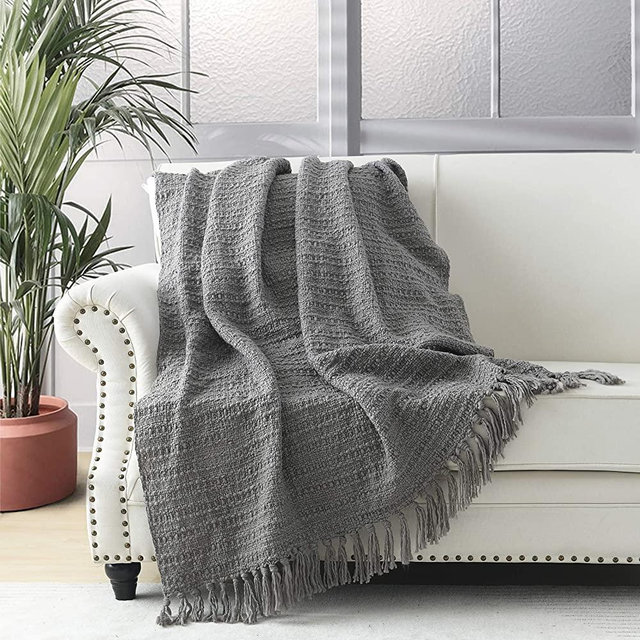Chunky Knit Throw Blanket, Grey Soft Warm Cozy Bed Throw Blanket with Tassels, Boho Style Textured Knitted Home Decorative Blanket for Couch, Sofa &Bed, 50"x60"