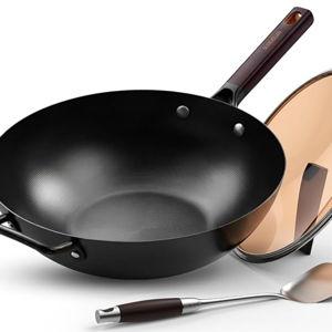 13.5" Carbon Steel Wok Pan - Pre-Seasoned Flat Bottom Woks & Stir-fry Pans Chinese Cookware with Lid & Spatula - For Pan-fry,Stir Fry, Steam, BBQ & Camping - Compatible with Induction, Gas