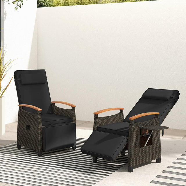 Costway 2 PCS Patio Wicker Recliner Chair with Adjustable Backrest & Footrest Flip Side Table