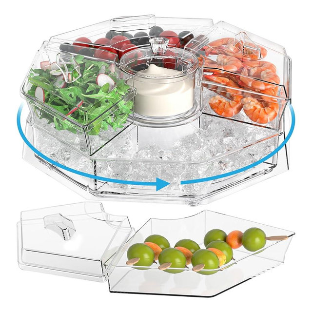 Tangyinus Rotating Chilled Serving Tray - 12.5" Ice Chilled Party Platter with 5 Removable Compartment and Lid, Clear Shrimp Cocktail Serving Dish with Ice Tray, Fruit Trays for Serving for Party