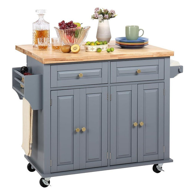 Finnhomy Rolling Kitchen Island With Drop Leaf, Thicken Rubberwood Top, Spice Rack, Towel Rack, Drawer, 43.3" Portable Mobile Kitchen Island Carts Table, Storage Cabinet, Both Wheels and Feet Included