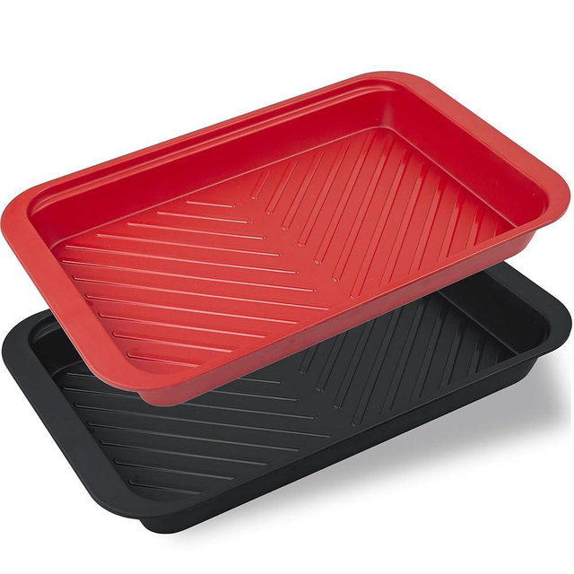 ECOIOU Deep Grilling and Prep Serving Tray, BBQ Trays for Raw and Cooked Food, Melamine Serving Trays for Food, Set of 2, Black and Red