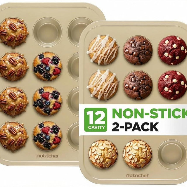 NutriChef Muffin Pans for Baking 2-Pack | Nonstick 12 Mold Cupcake Tins | Carbon Steel Stackable Cup Cake Trays | Dishwasher & Oven Safe | Includes 100 Parchment Paper Liners | 13 x 10 x 1 | Gold