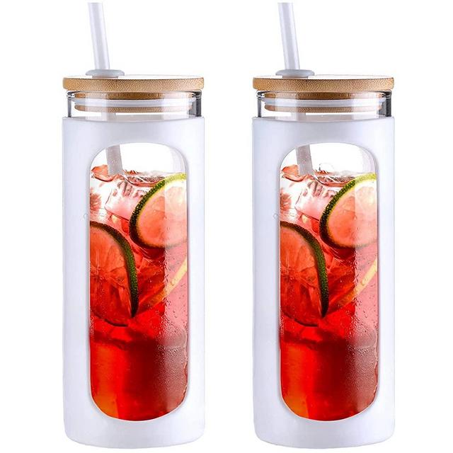 Kodrine 20oz Glass Water Bottle with Straw and Lid,Bamboo Lids Water Tumbler, Iced Coffee Cup Reusable, Wide Mouth Smoothies Cup, Straw Silicone Protective Sleeve BPA FREE-White-2pack
