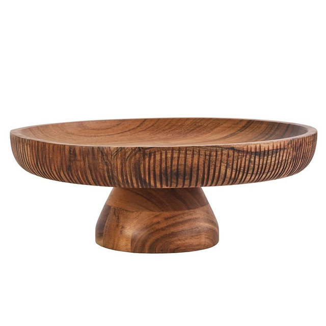 Fitz and Floyd Caleb Acacia Wood Footed Cake Stand Fruit Bowl Serving Platter, 12 Inch, Brown