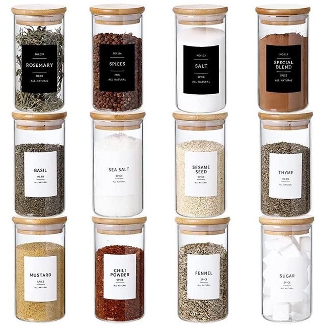 CZZGSM 12 Pcs Glass Spice Jars With 296 Spice Labels Preprinted of White and Black Color- 8oz Thicken(2.4mm) Spice Containers With Bamboo Airtight Lids - Empty Small Herb Seasoning Jars