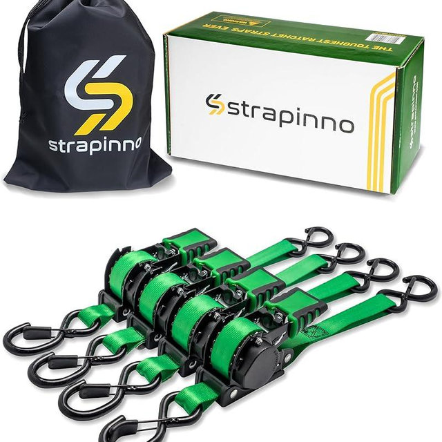 Strapinno Retractable Ratchet Straps 1 in x 10 ft, Secure Tie-Downs with Rubber-Coated Steel Handles, for Motorcycle, Jetski, Kayak, Breaking Strength 1,500LBS/680KG (Green Strap, Black Coated)