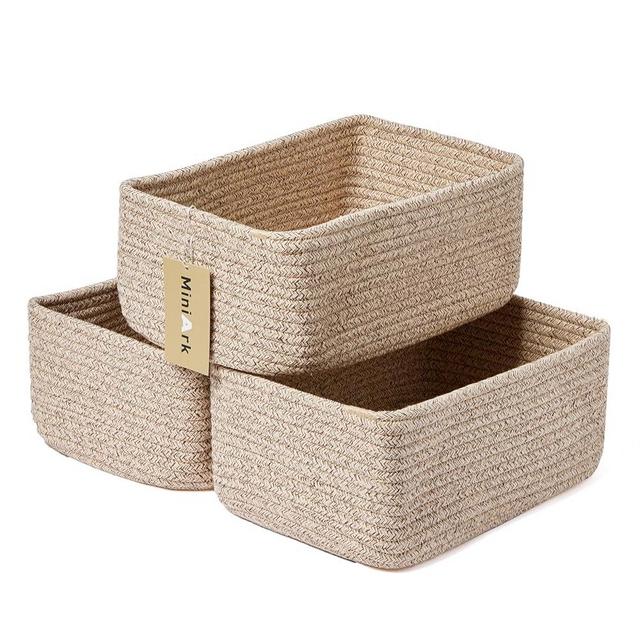 MiniArk Shelf Storage Baskets for Organizing | Closet Organizer Bins | Small Baskets | Toy Basket | Cute Decorative Basket | Cube Storage Bin | Woven Rope Basket | 11.5×7.5×4.7” | 3 Packs Mixed Brown