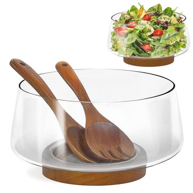 PROLEE Salad Bowl, Salad Serving Bowl Extra Large, Serving Bowls with Solid Wood Base, Hosting Essentials (Clear)