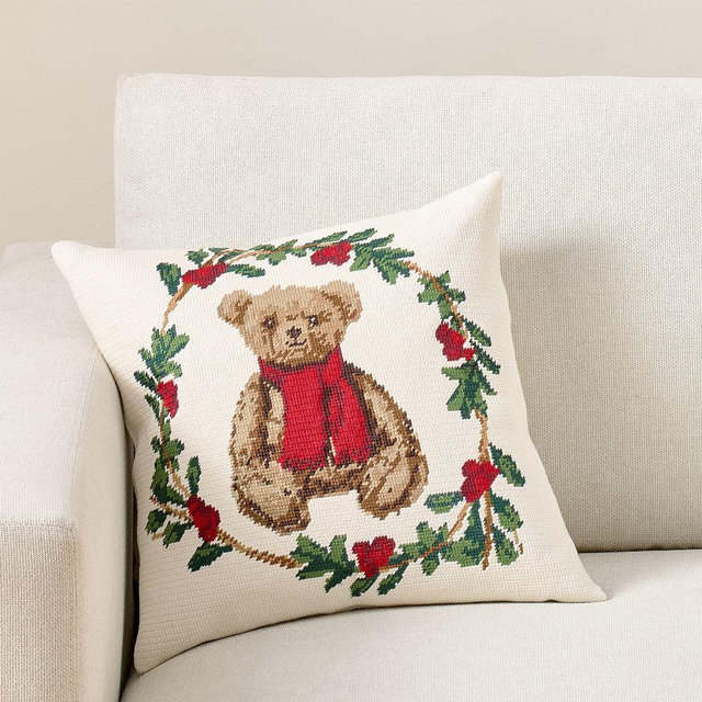Bear Needlepoint Filled Pillow, Multi, 16"